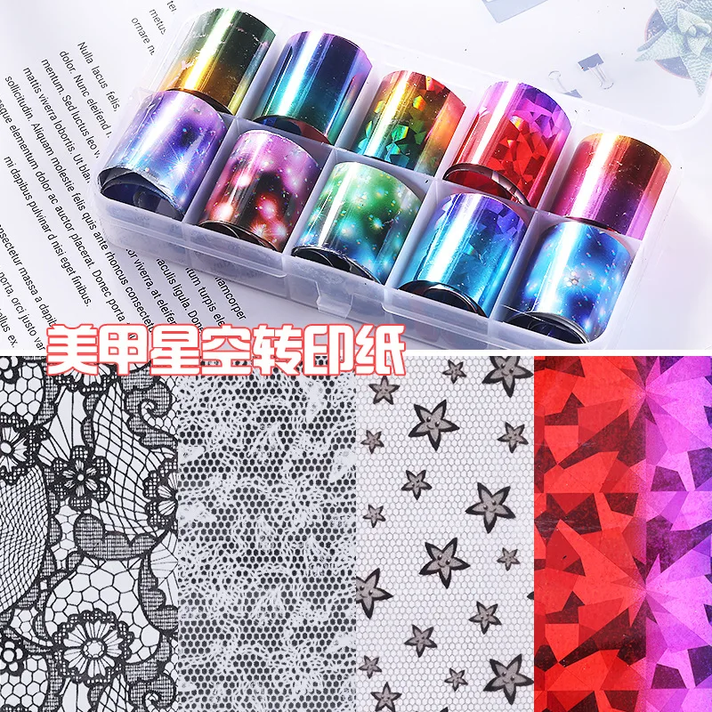 DIY Nail Art Starry Transfer Paper 10 boxes Mirror colorful lace Starry sky nail art Transfer paper nail decals
DIY Nail Art Starry Transfer Paper 10 boxes Mirror colorful lace Starry sky nail art Transfer paper nail decals