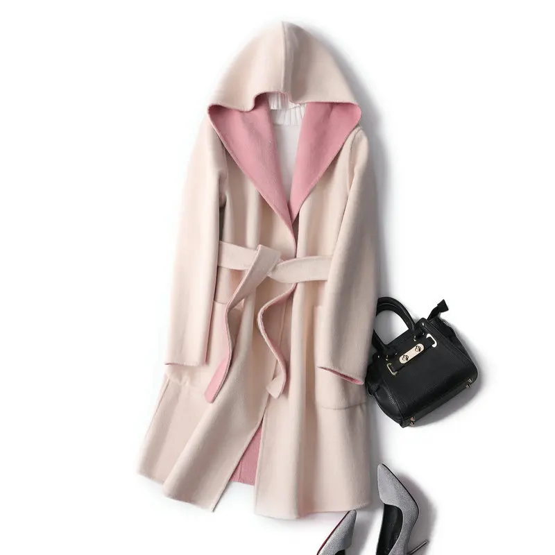 Двухстороннее кашемировое Женское шерстяное пальто с капюшоном модное длинное