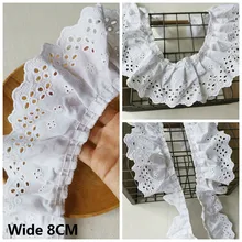 8CM Wide White Cotton Lace Pleated Ruffle Trim Hollow Embroidery Guipure 3d Lace Fabric Ribbon Skirts Fringe Scarfs Sewing Decor
