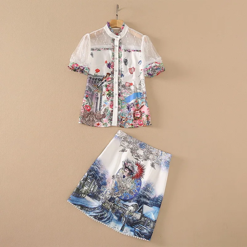European and American women's wear for summer 2021 Short-sleeved patchwork lace shirt Printed skirt Fashion suits
European and American women's wear for summer 2021 Short-sleeved patchwork lace shirt Printed skirt Fashion suits