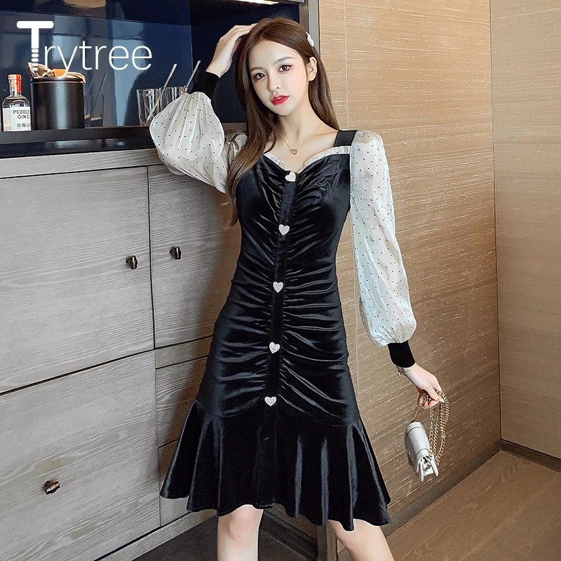 Trytree 2021 Spring Autumn Women's Dress Casual Velvet Patchwork Voile Love Puff Sleeve Elegant Ruffled Hem Office Lady Dress
Trytree 2021 Spring Autumn Women's Dress Casual Velvet Patchwork Voile Love Puff Sleeve Elegant Ruffled Hem Office Lady Dress