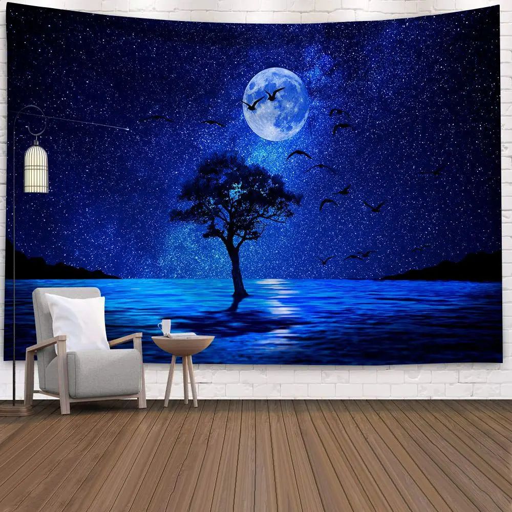 

Psychedelic Moon Trees Tapestry Wall Fabric Night Scenery Celestial Wall Cloth Tapestries Background Home Decoration Wall Carpet