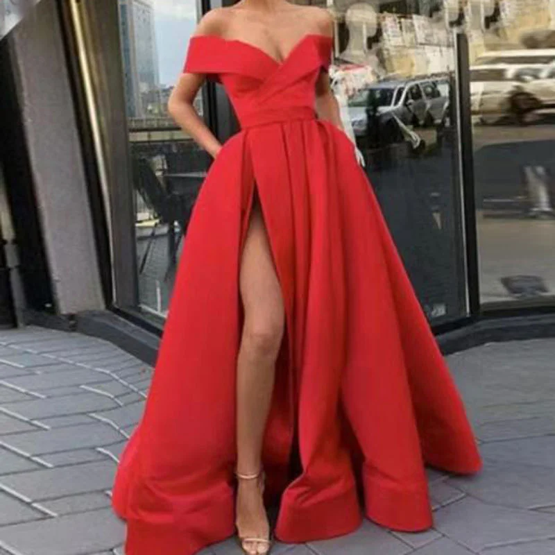 Ladies Evening Dress Sexy V-neck Card Shoulder Simple Satin Slit One Shoulder Halter Fashion
Ladies Evening Dress Sexy V-neck Card Shoulder Simple Satin Slit One Shoulder Halter Fashion