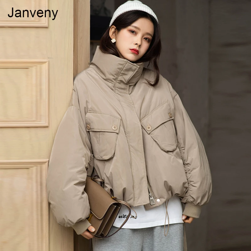 

Janveny Новое короткое зимнее пуховое пальто, женские теплые парки, повседневные Свободные корейские куртки 90% на белом утином пуху, верхняя од...