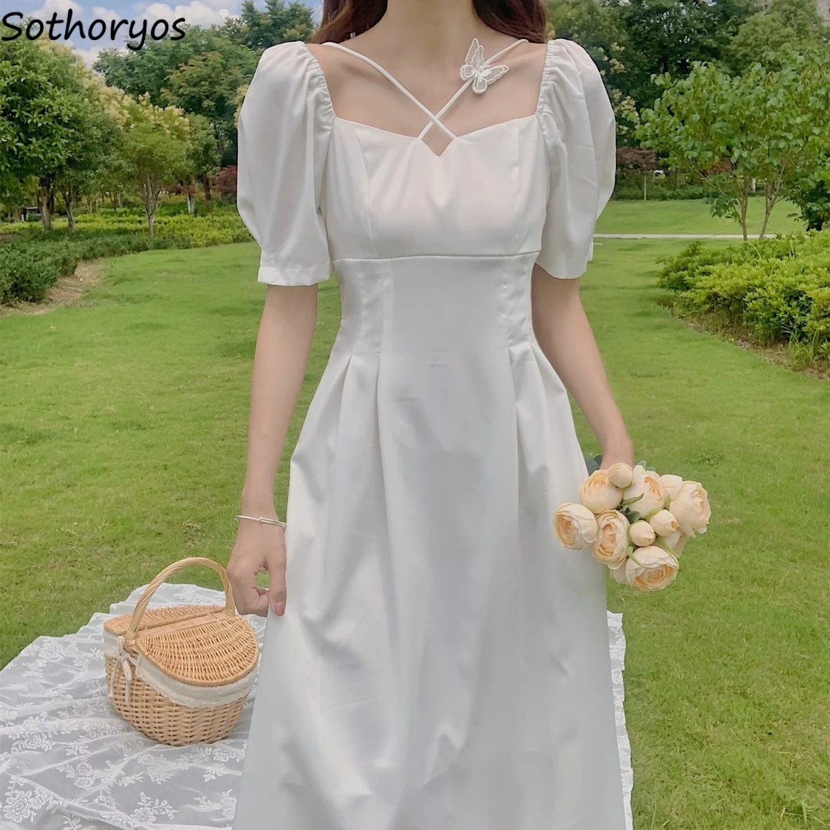 Women Mid-calf Dresses Puff Sleeve Fairy Vestidos Pleated Elegant Tender Solid Bandage Butterfly Decoration Temperament Retro
Women Mid-calf Dresses Puff Sleeve Fairy Vestidos Pleated Elegant Tender Solid Bandage Butterfly Decoration Temperament Retro