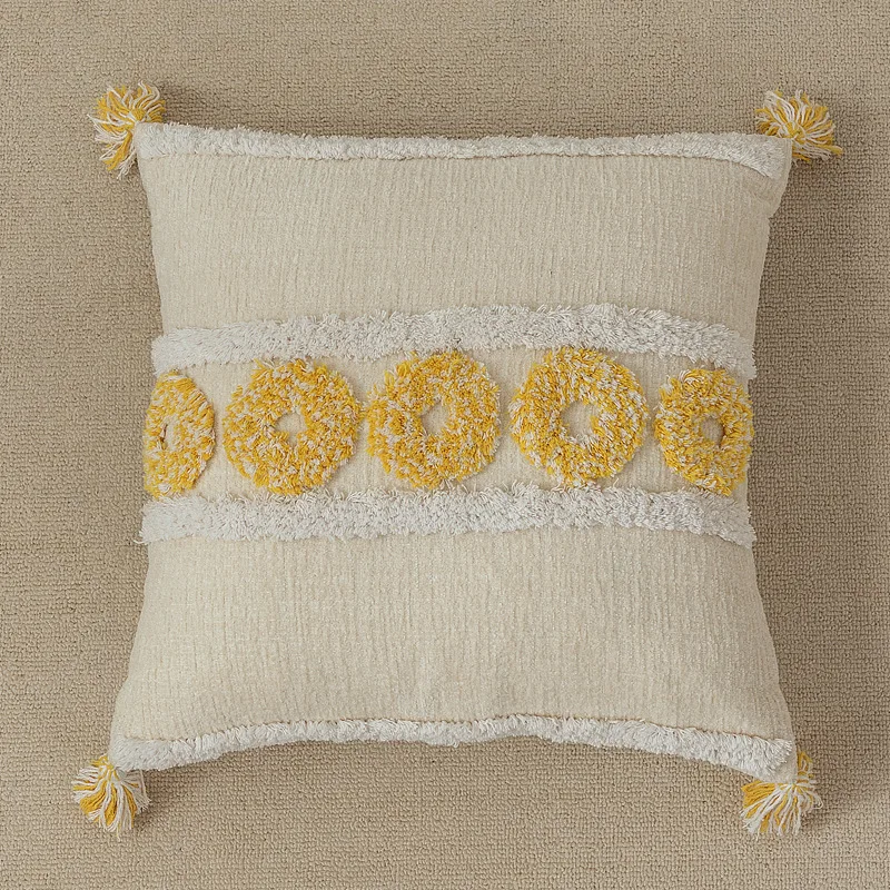 Bohemian Style Chenille Tufted Pillow Indian Handmade Cotton Embroidered Four Corner Tassel Cushion Cover 
Bohemian Style Chenille Tufted Pillow Indian Handmade Cotton Embroidered Four Corner Tassel Cushion Cover