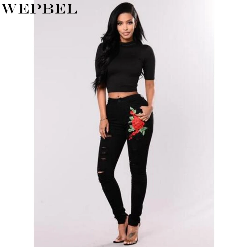 WEPBEL Jeans Spring Summer High Waist Hole Elastic Straight Jeans Women's Casual Solid Color Flower Embroidered Slim Jeans 
WEPBEL Jeans Spring Summer High Waist Hole Elastic Straight Jeans Women's Casual Solid Color Flower Embroidered Slim Jeans