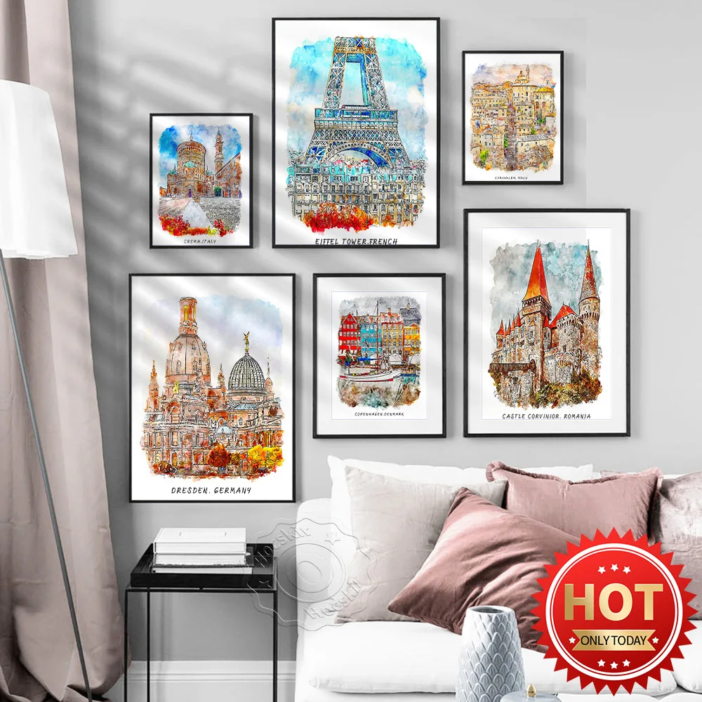 

Watercolor Print, World Travel Poster, France City Paris Wall Art, Germany Italy Denmark Canvas Wall Stickers, Home Decor, Gift