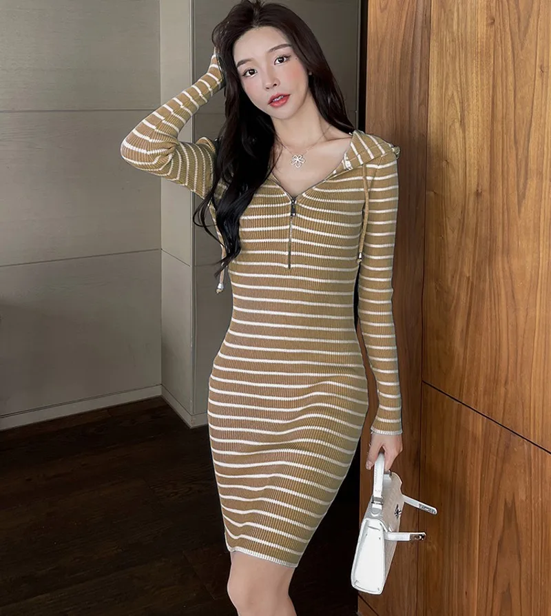 2021 autumn winter Retro Hooded Striped Print Bodycon Sheath Knit Sweater Dress Women Casual Long Sleeve Knitted dress Vestidos
2021 autumn winter Retro Hooded Striped Print Bodycon Sheath Knit Sweater Dress Women Casual Long Sleeve Knitted dress Vestidos
