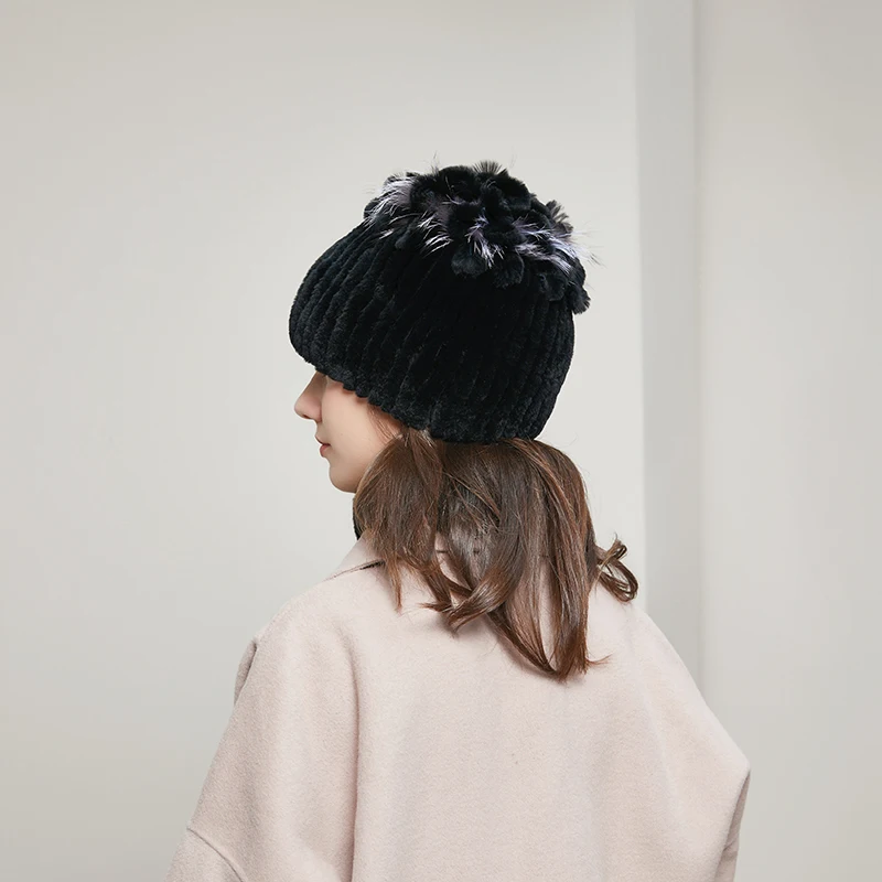 

Women's winter rex rabbit fur hat knitted big flower and silver fox fur luxury fashion Russia hot sale beanie style hat