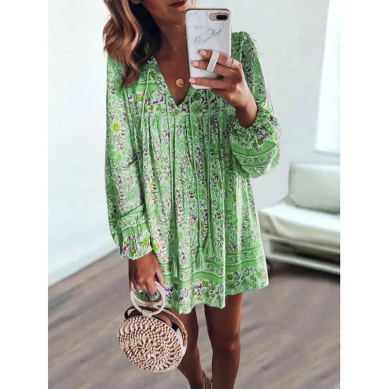 Summer Women's Dresses Printed V-neck Button Long-sleeved Short Dress Small Floral Casual Loose Polyester Dress Plus Size Dress
Summer Women's Dresses Printed V-neck Button Long-sleeved Short Dress Small Floral Casual Loose Polyester Dress Plus Size Dress