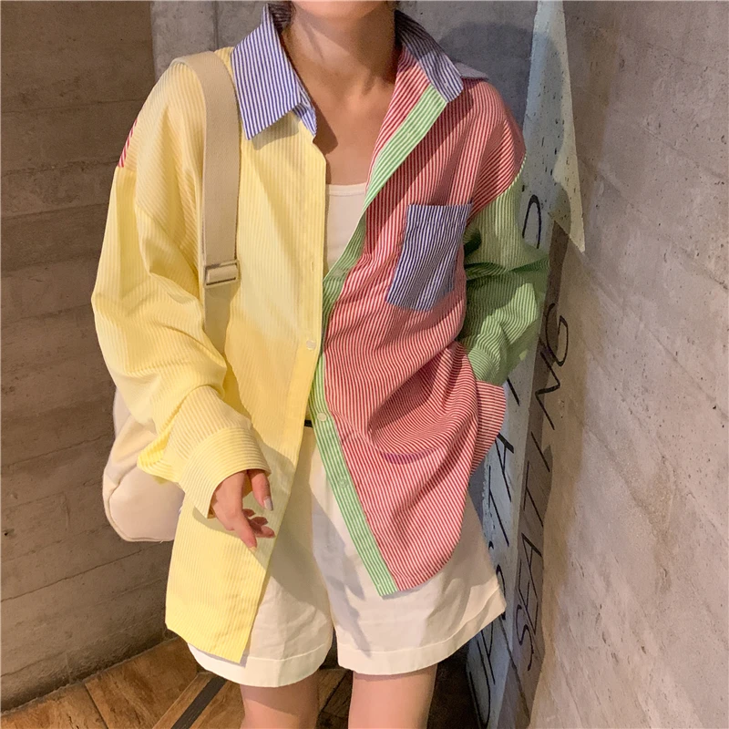 QWEEK Striped Shirt Women Rainbow Color Beautiful Blouses Patchwork Top Korean 2021 Fashion Button Up Cardigan 90s Vintage Girls
QWEEK Striped Shirt Women Rainbow Color Beautiful Blouses Patchwork Top Korean 2021 Fashion Button Up Cardigan 90s Vintage Girls