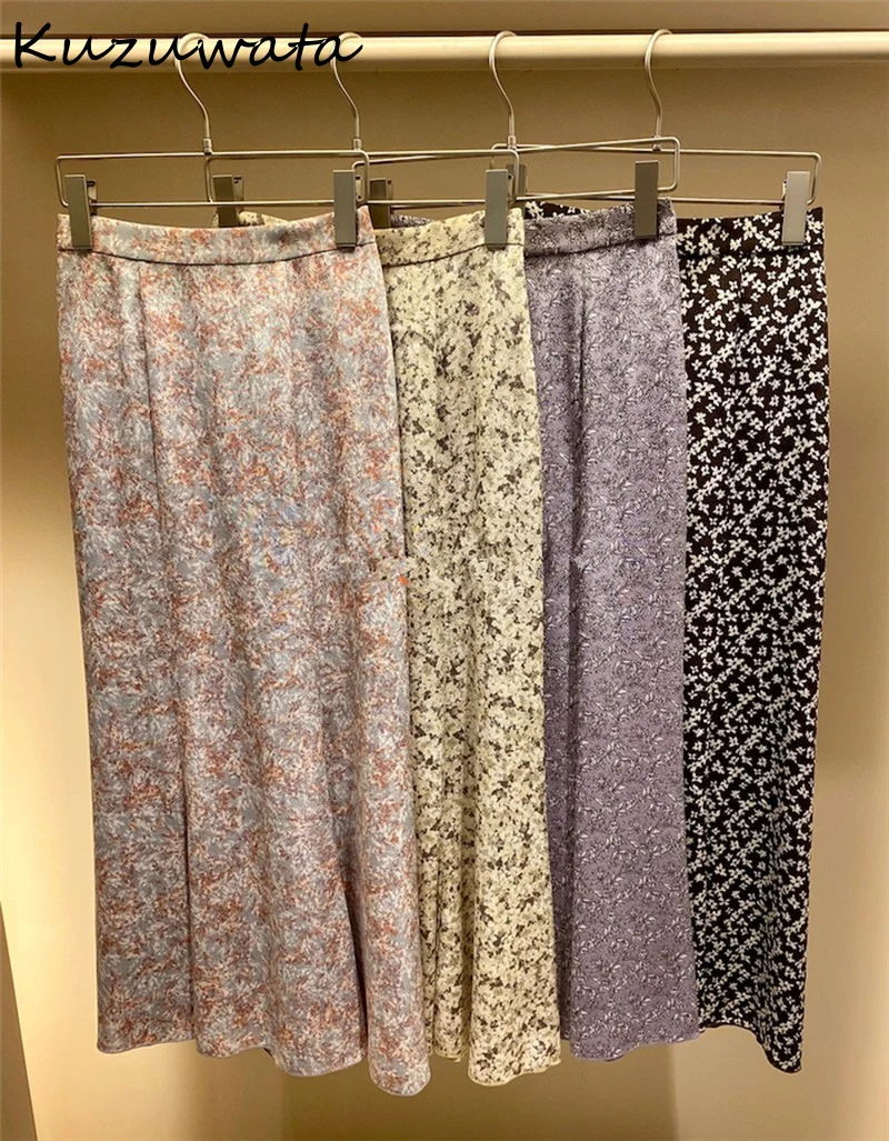 

Kuzuwata Vintage High Waist Print Trumpet Skirt Spring Summer New Simple Women Skirts Japan Style Elegant Temperament Jupe