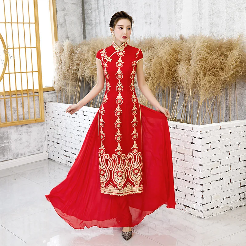 Vintage Chinese Sequins Embroidery Satin Chiffon Aodai Cheongsam Elegant Traditional Party Short Sleeve Qipao Oversize 5XL
Vintage Chinese Sequins Embroidery Satin Chiffon Aodai Cheongsam Elegant Traditional Party Short Sleeve Qipao Oversize 5XL