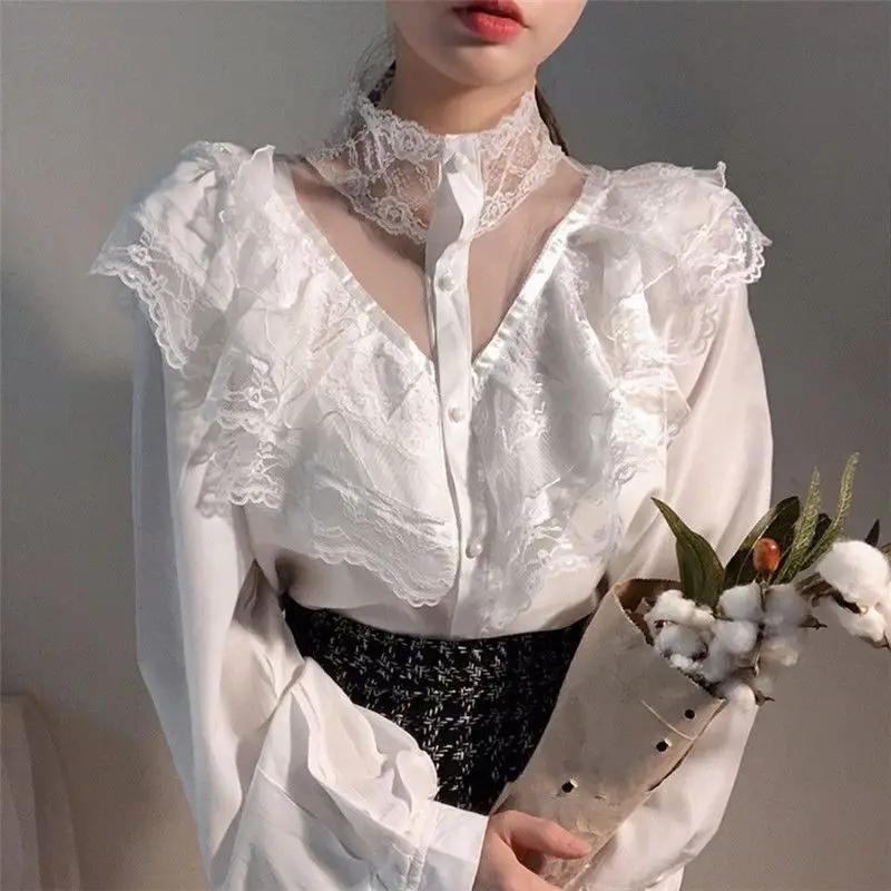 Фонари рукавом и стоячим воротником выдалбливают Femme Blusas все матч с оборками