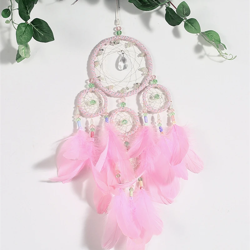 

Pink Feathers Dream Catcher Five Circles Crystal Beads Embellished Woven Mesh Home Decor Bedroom Headboard Pendant or As Gift