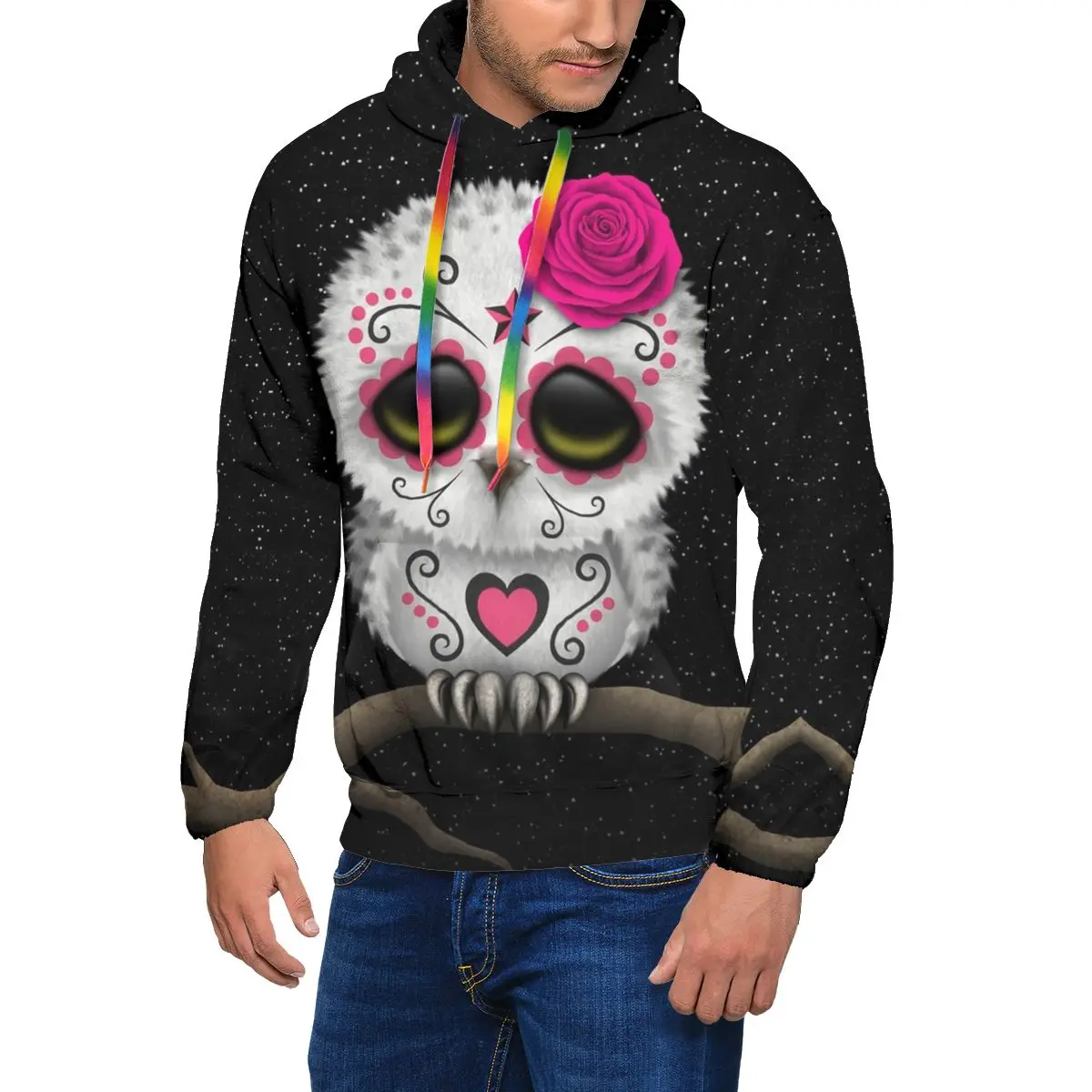 

Cute Pink Day Of The Dead Sugar Skull Owl Hoodies Mexican Skull Animal Warm Hoodie Streetwear Long Length Pullover Hoodie
