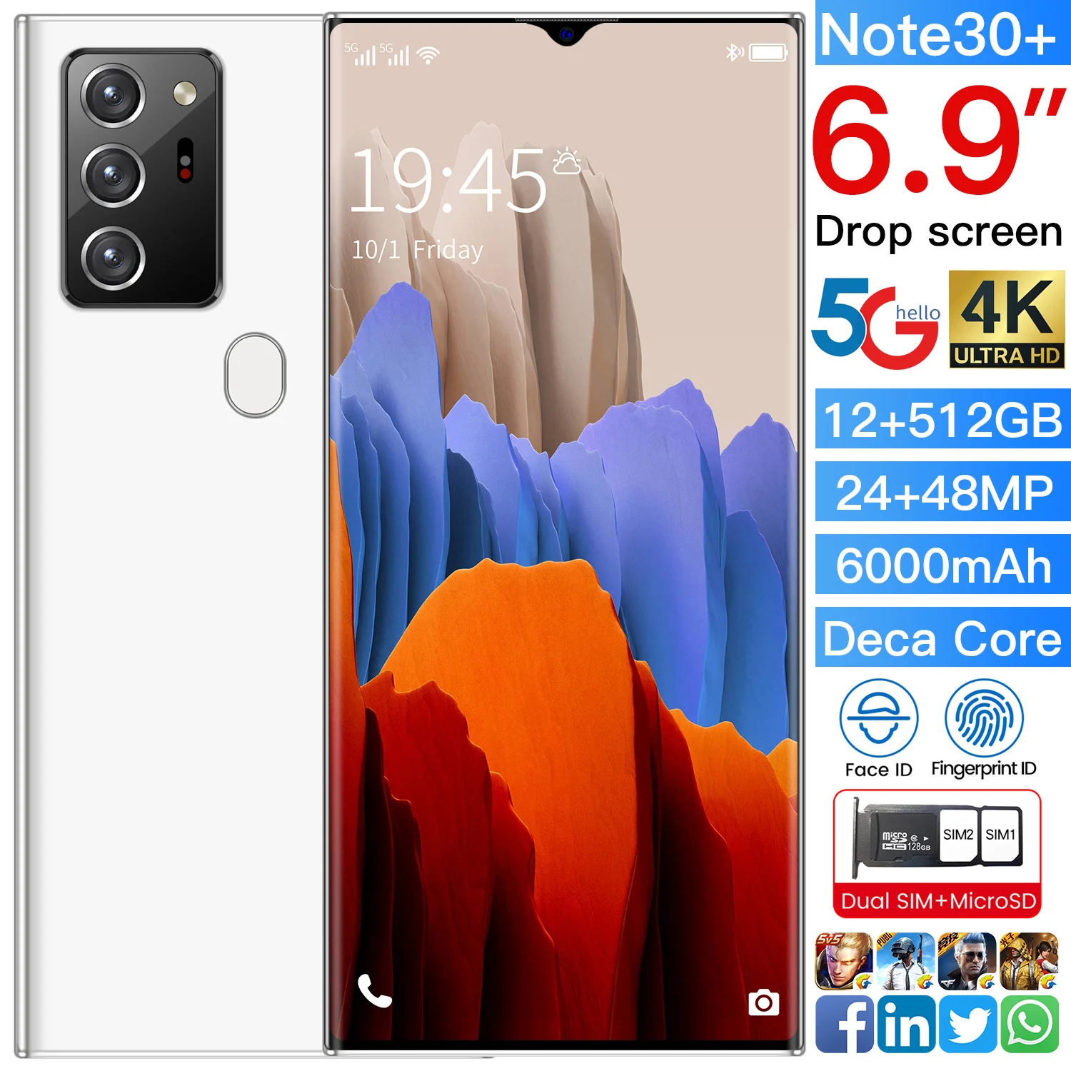 2021 Global Version Galax 6.9" Note30+ SmartPhone 12GB+512GB 6000mAh Snapdragon 865 Android 10.0 Fingerprint Unlock Cellphone
2021 Global Version Galax 6.9" Note30+ SmartPhone 12GB+512GB 6000mAh Snapdragon 865 Android 10.0 Fingerprint Unlock Cellphone