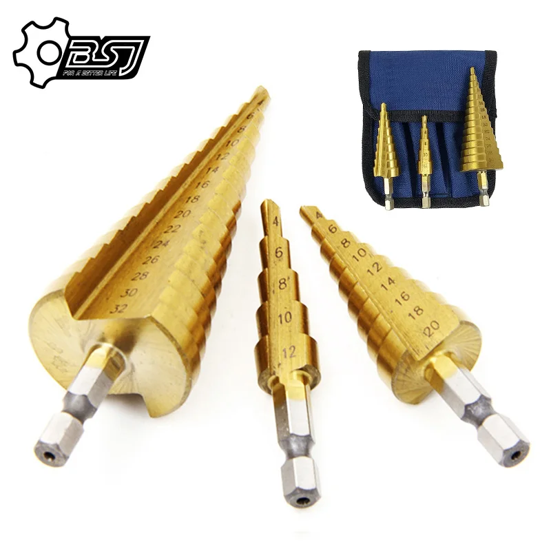 3pc Hss step drill bit set cone hole cutter Taper metric 4-12 / 20 / 32mm 1 / 4 "titanium coated metal hex core drill bits
3pc Hss step drill bit set cone hole cutter Taper metric 4-12 / 20 / 32mm 1 / 4 "titanium coated metal hex core drill bits