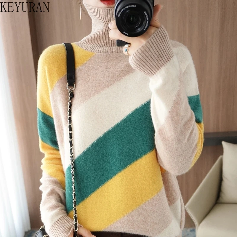 Patchwork Turtleneck Sweater Woman Pullover 2021 Autumn/Winter Warm Casual Stitching Knitted High Neck Sweaters Women Oversized
Patchwork Turtleneck Sweater Woman Pullover 2021 Autumn/Winter Warm Casual Stitching Knitted High Neck Sweaters Women Oversized