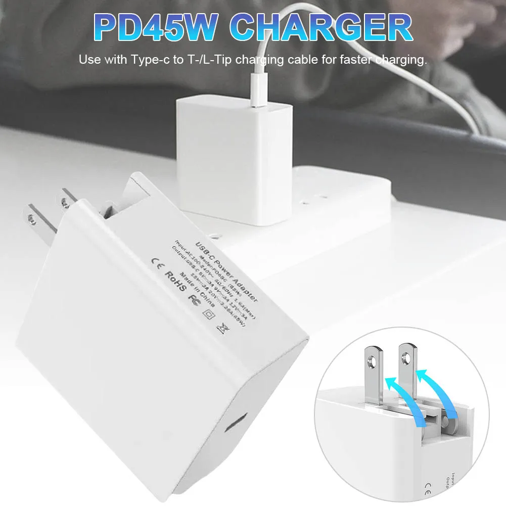 USB C Складная настенная зарядка 45 Вт PD адаптер для быстрой зарядки для Macbook, iPhone
USB C Складная настенная зарядка 45 Вт PD адаптер для быстрой зарядки для Macbook, iPhone
