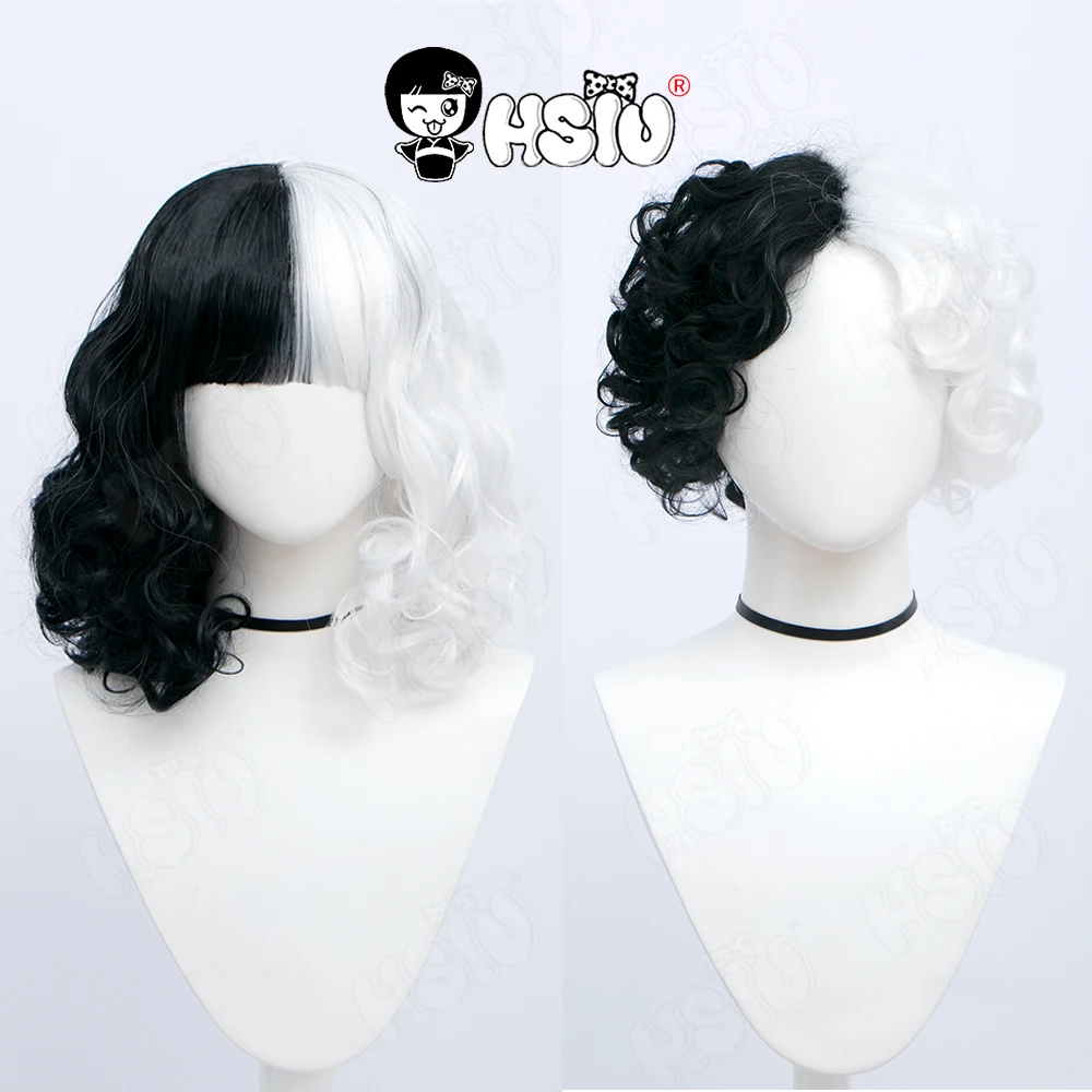 

Косплей-парик Cruella De Vil Kuila, парик из фильма HSIU, черно-белые короткие вьющиеся волосы с шапочкой для Хэллоуина
