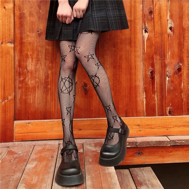 

Women Gothic Punk Tights Harajuku Anime Magical Five-Pointed Star Jacquard Lolita Kawaii Mesh Fishnet Pantyhose Stocking