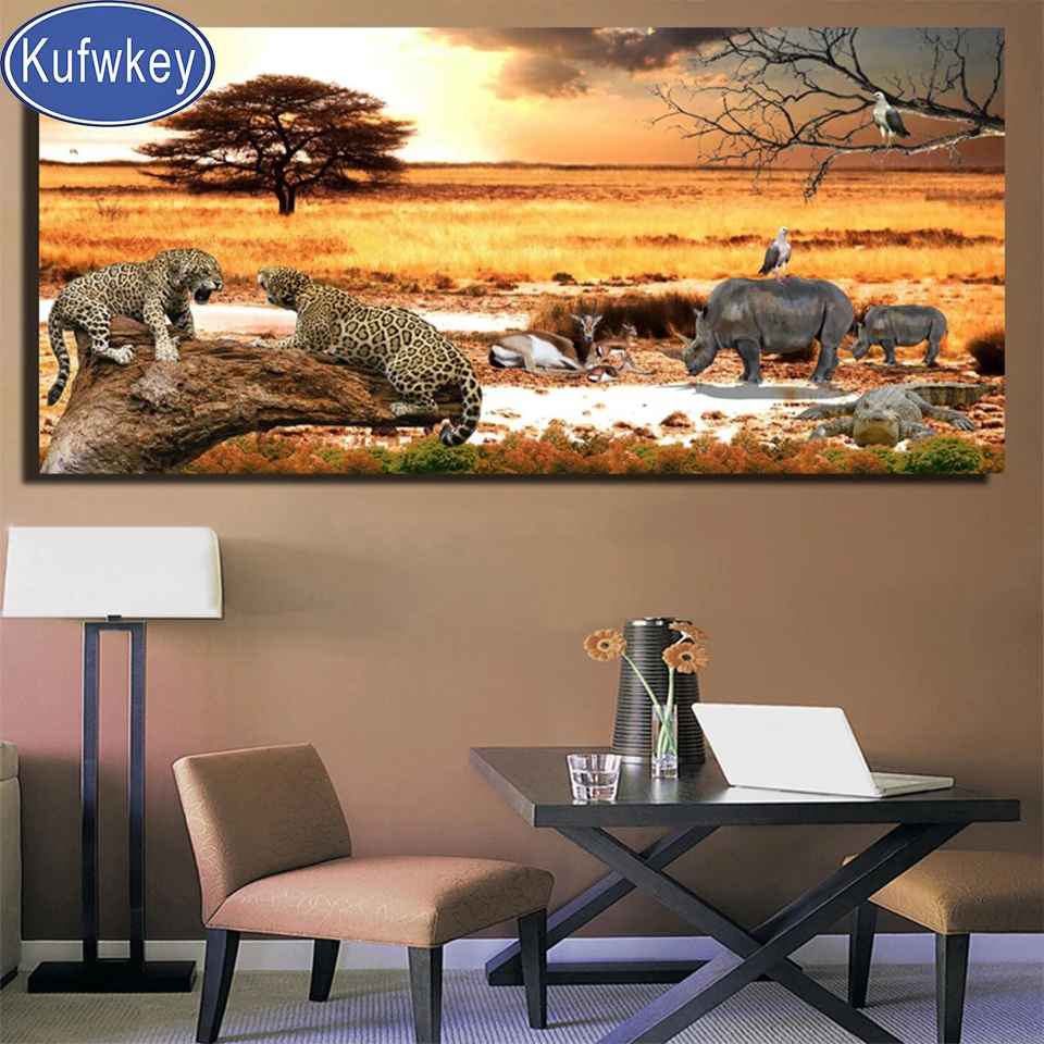full square Diamond painting"African Grassland leopard"round drills Embroidery rhinestones Landscape animal puzzle diamond art