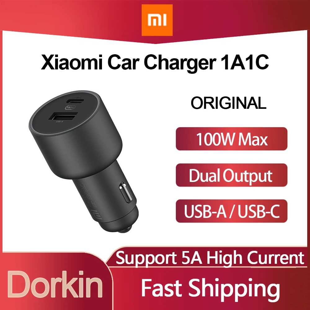 

Xiaomi Car Charger 1A1C 100W Fast Charge Dual USB Quick Charge Mi Car Charger USB-A USB-C Dual Output LED Light with 5A Cable