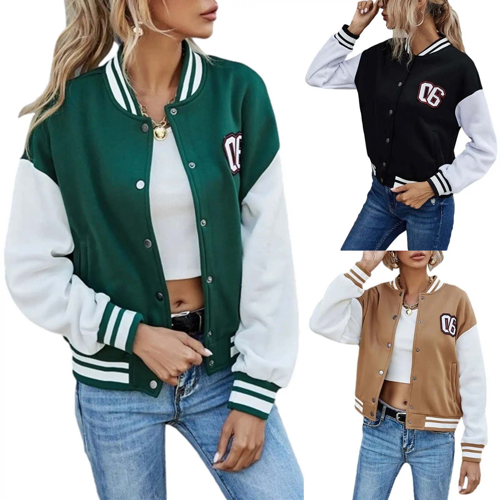 

Number Patched Color Block Bomber Jacket Girls Long Sleeve Autumn Lady Matching Stand Collar Baseball Tops Single-breasted Coat