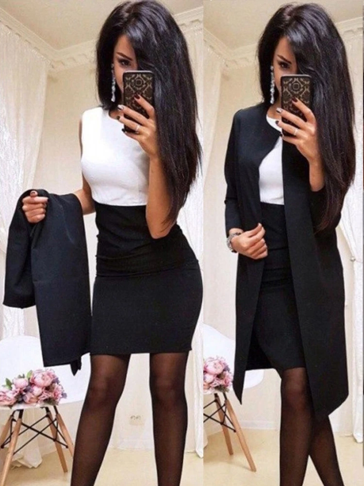 Two-piece Suit Women Skirt Dress Suit Stitching Slim Longsleeved Mini Dress Formal Wear Business Work Banquet Suit With a Skirt
Two-piece Suit Women Skirt Dress Suit Stitching Slim Longsleeved Mini Dress Formal Wear Business Work Banquet Suit With a Skirt