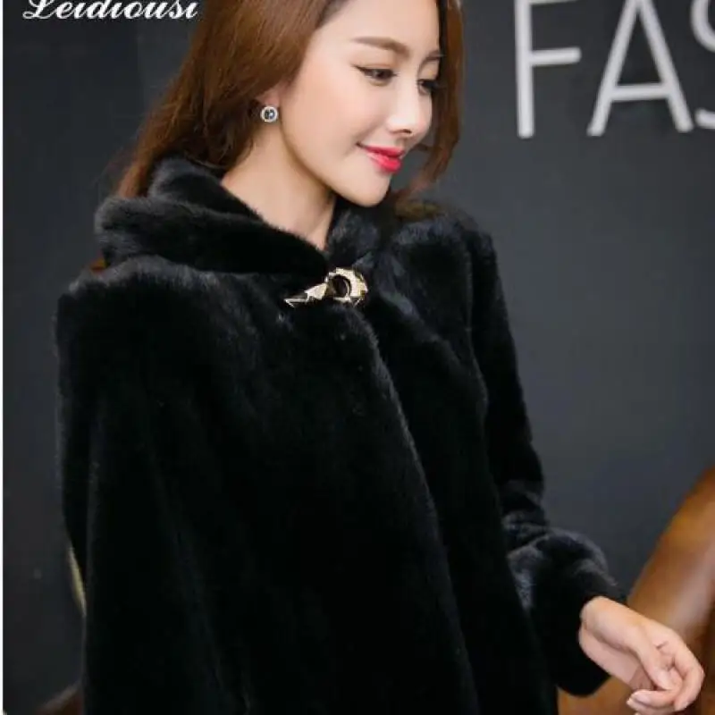 2019 New Autumn winter Faux Fur Coat Fashion Slim Hooded High Waist Black Jacket Fake Rabbit | Женская одежда