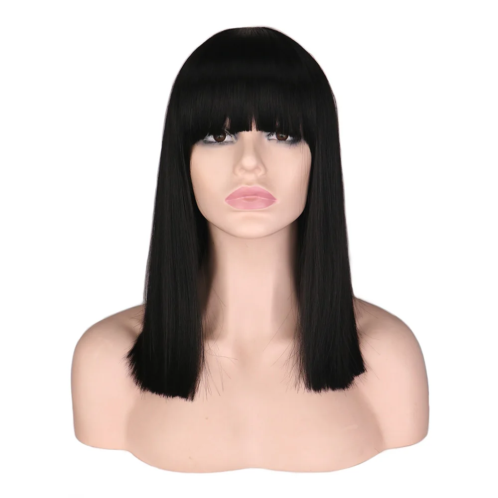 

QQXCAIW Women Short Neat Bang Bob Style Straight Cosplay Wig Party Costume Natrual Black 40 Cm Synthetic Hair Wigs