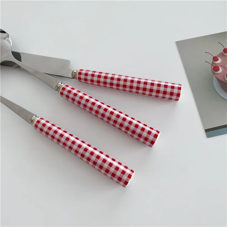 Blue/Red Plaid Ceramic Handle Knife Fork Spoon Tableware Fruit Dessert Coffee Flatware Stainless Steel Glossy Silver Dinnerware
Blue/Red Plaid Ceramic Handle Knife Fork Spoon Tableware Fruit Dessert Coffee Flatware Stainless Steel Glossy Silver Dinnerware