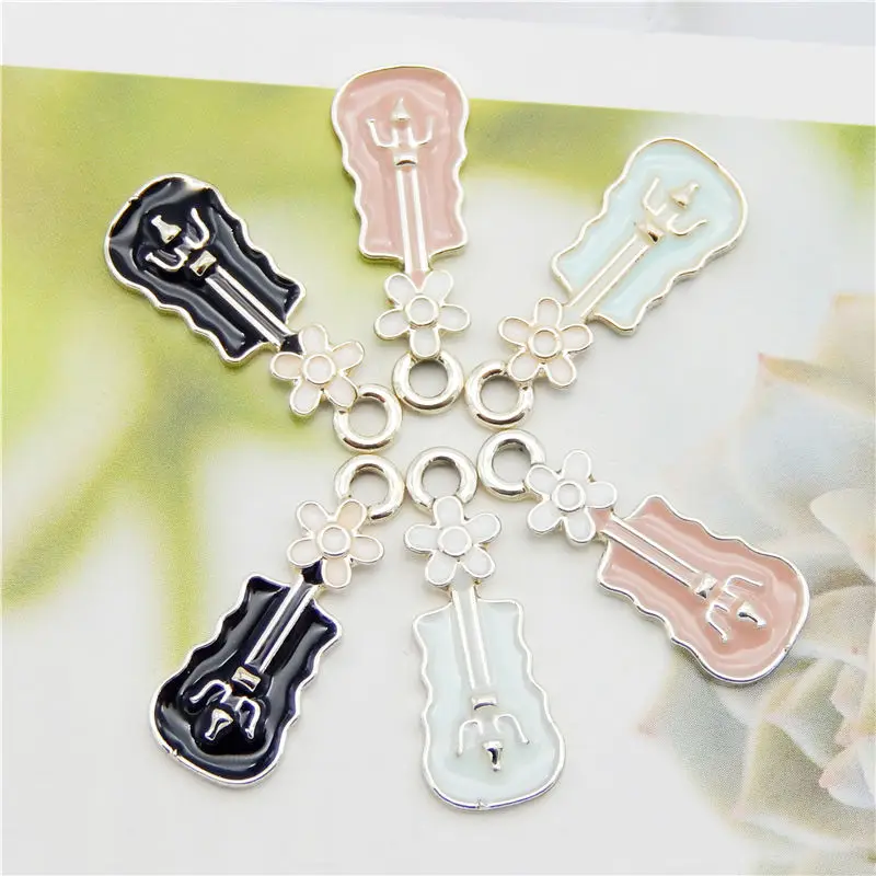 Julie Wang 6PCS Enamel Flower Violin Charms Black Blue Pink Cartoon Music Instrument Pendants Alloy Jewelry Making Accessory | Украшения и