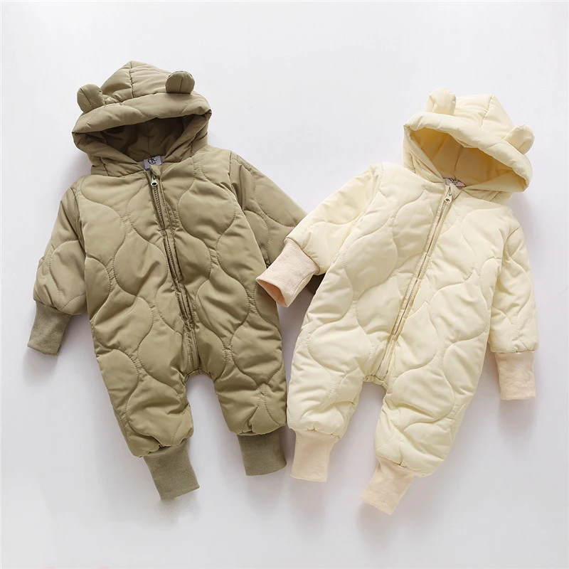 

2021 Winter Newborn Girls Jumpsuit Bear Hooded Romper Solid Infants Overalls Baby Clothes Boys Warm Snowsuit Coat Kid Outerwears