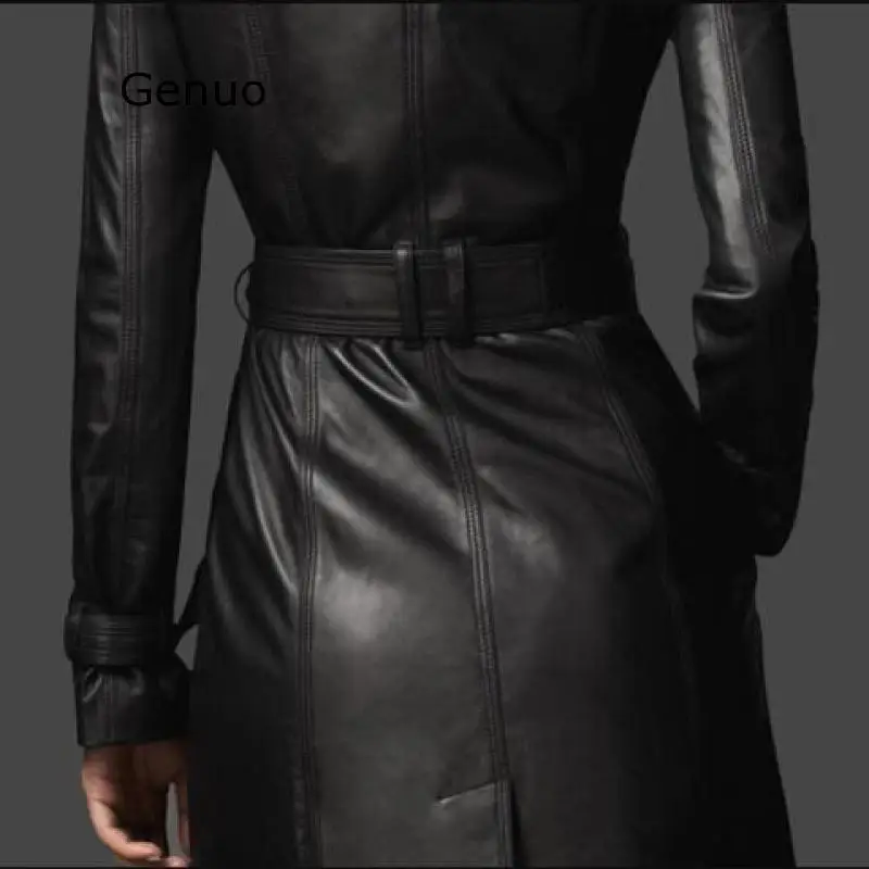Spring Autumn Black Double-breasted Faux Pu Leather Trench Coat Waistband Women Full Sleeve Trench Europe Style Pu OverCoat
Spring Autumn Black Double-breasted Faux Pu Leather Trench Coat Waistband Women Full Sleeve Trench Europe Style Pu OverCoat