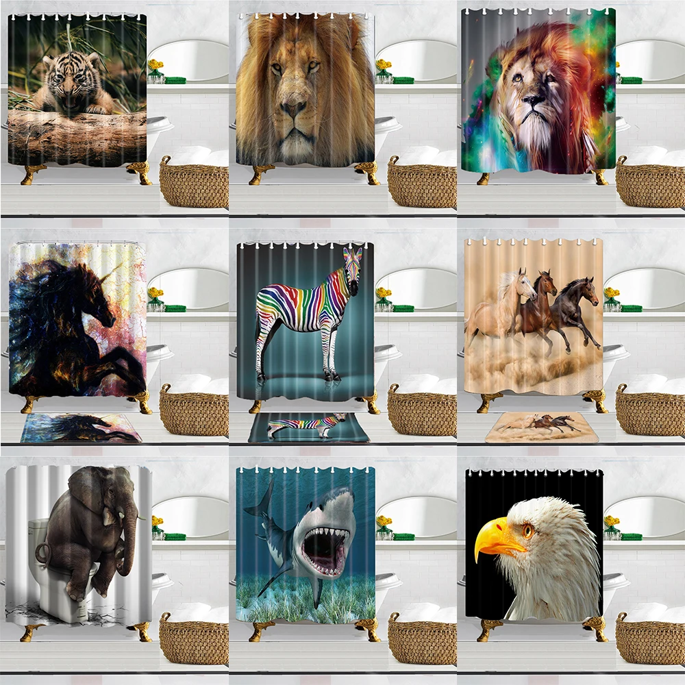 

3D Printing Shower Curtain Set Unicorn Steed Tiger Lion Animal Waterproof Bathroom Curtain Home Decor with Hook Polyester Fabric