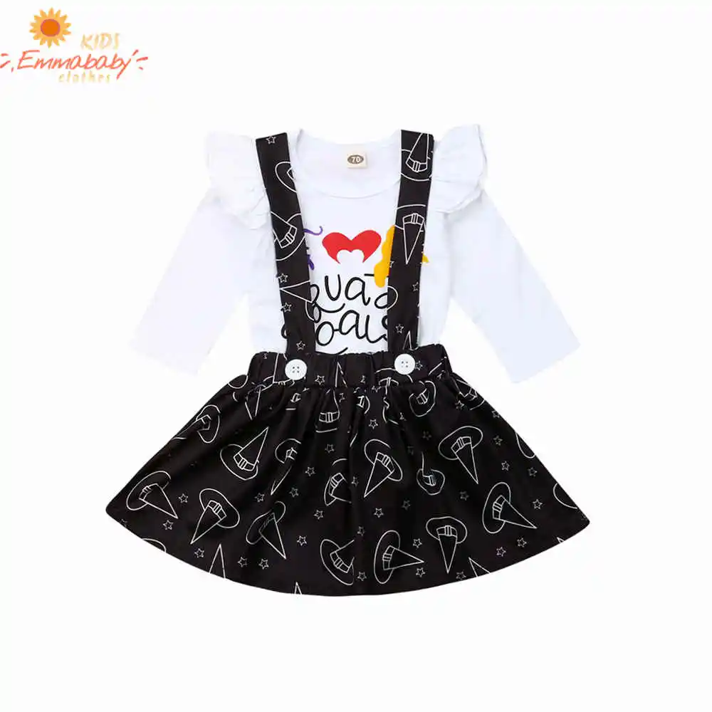 2020 New Baby Girls Halloween Clothes Sets Ruffle White Print Long Sleeve Romper Floral Strap Black Dress 2pcs Outfits Set
2020 New Baby Girls Halloween Clothes Sets Ruffle White Print Long Sleeve Romper Floral Strap Black Dress 2pcs Outfits Set