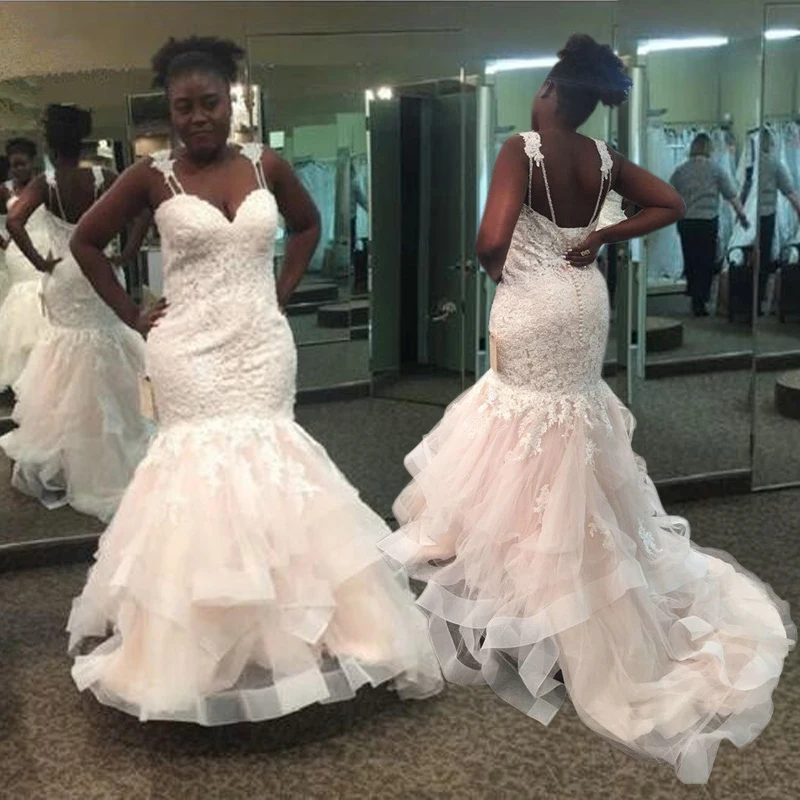 Robe De Mariage Spaghetti Straps Sweetheart Lace Appliqued Tiered Layers Skirt Nude Mermaid Wedding Dresses vestido de noiva
Robe De Mariage Spaghetti Straps Sweetheart Lace Appliqued Tiered Layers Skirt Nude Mermaid Wedding Dresses vestido de noiva