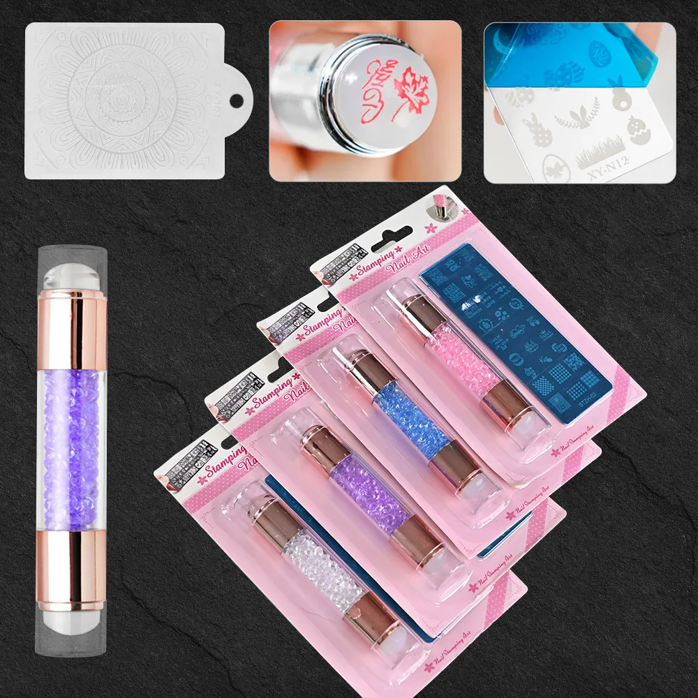 

3pcs Double Stamper Pen+Plate+Scraper Random Template Hand Transfer Nail Art Stencil Tool Jelly Silicone Stamp Seal Pen Kit &H21