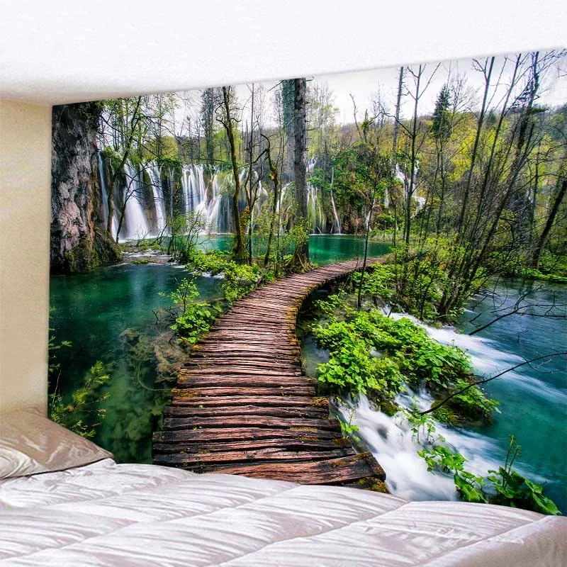 

Natural forest waterfall wooden bridge tapestry, aesthetic wall hanging, bohemian Hippie room decoration, home wall decoration