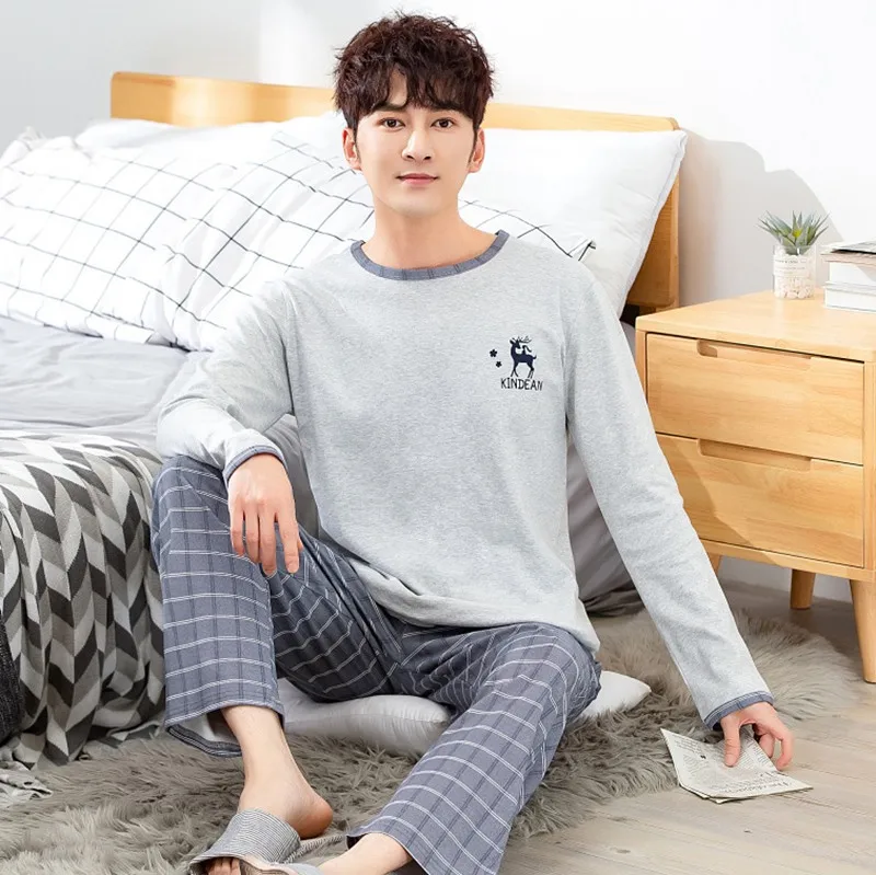 2019 Autumn High Quality Cotton Long Sleeve Pajama Sets for Men Sleepwear Male Underwear Loungewear Pyjama Homewear Home Clothes
