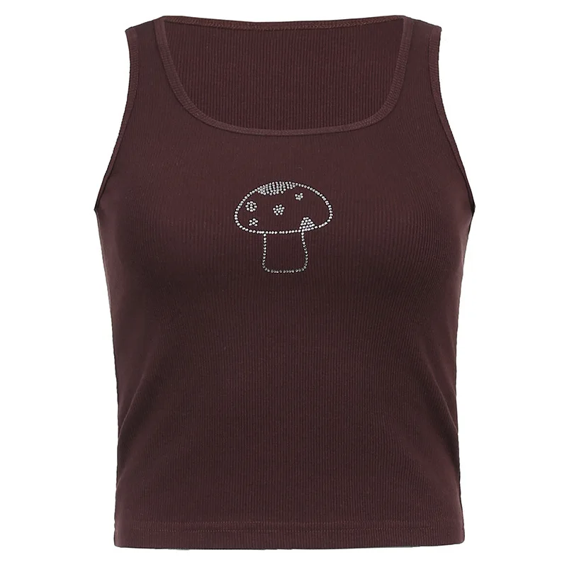 2021 spring new women's wear mushroom embroidery contrast top U-neck shoulder strap open navel casual versatile vest