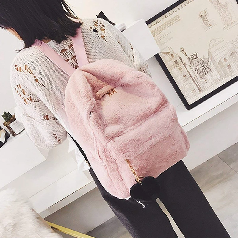 Women Soft Faux Fur Plush Backpack Shoulder Bag Fluffy School with Heart Pendant (Pink) | Багаж и сумки