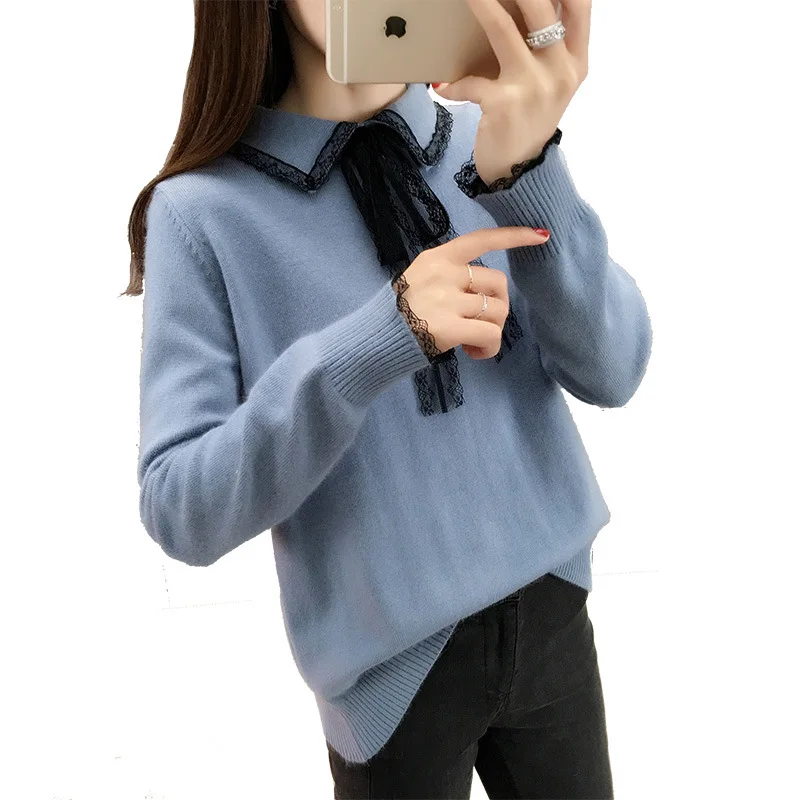 Korean Style Womne's Autumn Spring Sweaters Slim Solid with Lace Pullovers Knitted Turn Down Collar Long Sleeve Casual Jumpers
Korean Style Womne's Autumn Spring Sweaters Slim Solid with Lace Pullovers Knitted Turn Down Collar Long Sleeve Casual Jumpers