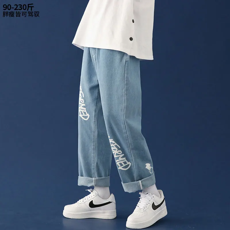 

Jeans Men's Straight Loose Trendy Letter Printed Fat Man Plus-Sized Wide Legs Daddy Pants Summer Pants Men Baggie Jeans