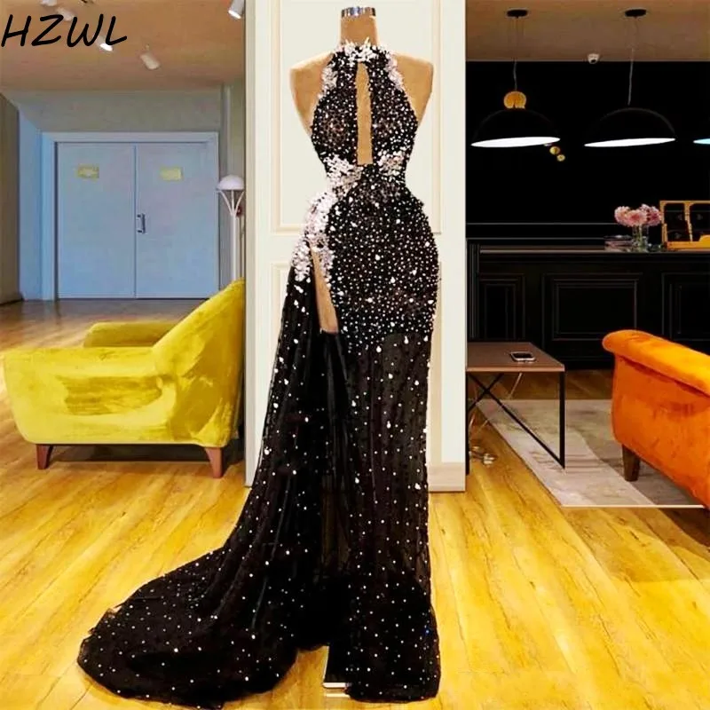 Black Halter Evening Dresses Major Beading Appliques High Side Split Mermaid Prom Dress Backless vestidos de fiesta de noche 
Black Halter Evening Dresses Major Beading Appliques High Side Split Mermaid Prom Dress Backless vestidos de fiesta de noche