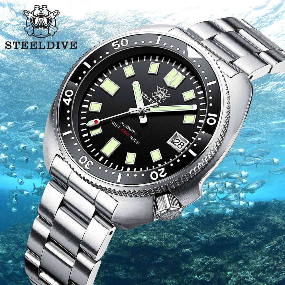 Мужские часы для дайвинга SD1970 Steeldive с черным циферблатом 44 мм NH35 керамической