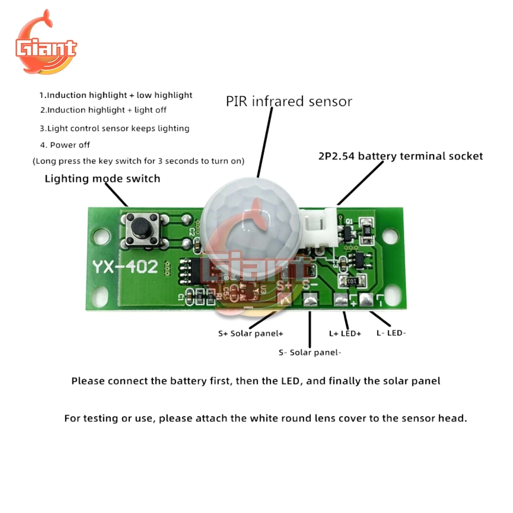 

3.7V Solar Lamp Circuit Board Infrared Human Induction Wall Light Control Sensor Module PIR Wall Light Controller